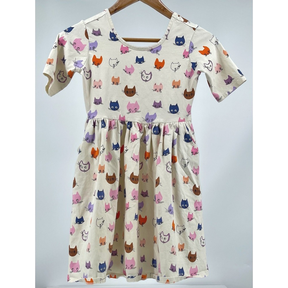 Quince Organic Cotton Skater Dress Girls 10 Cat Faces Cream Short Sleeve Pockets